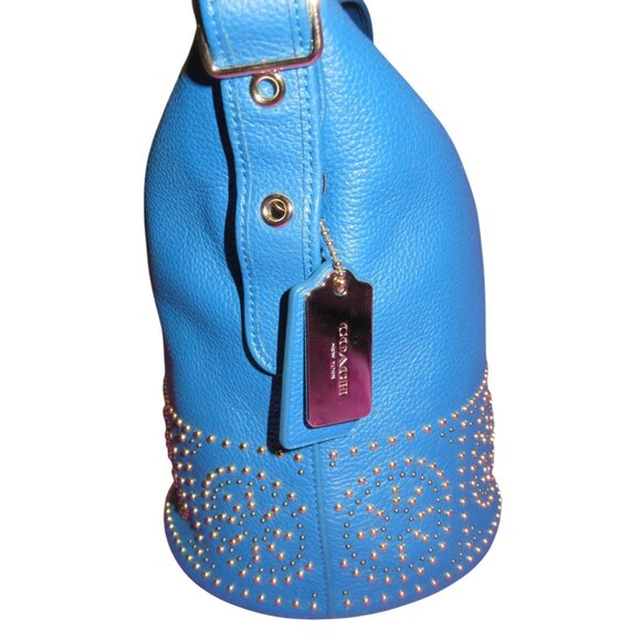 Coach Bleeker Cobalt Blue Pebbled Leather Studded Duffle Crossbody Bucket Bag - Picture 3 of 11